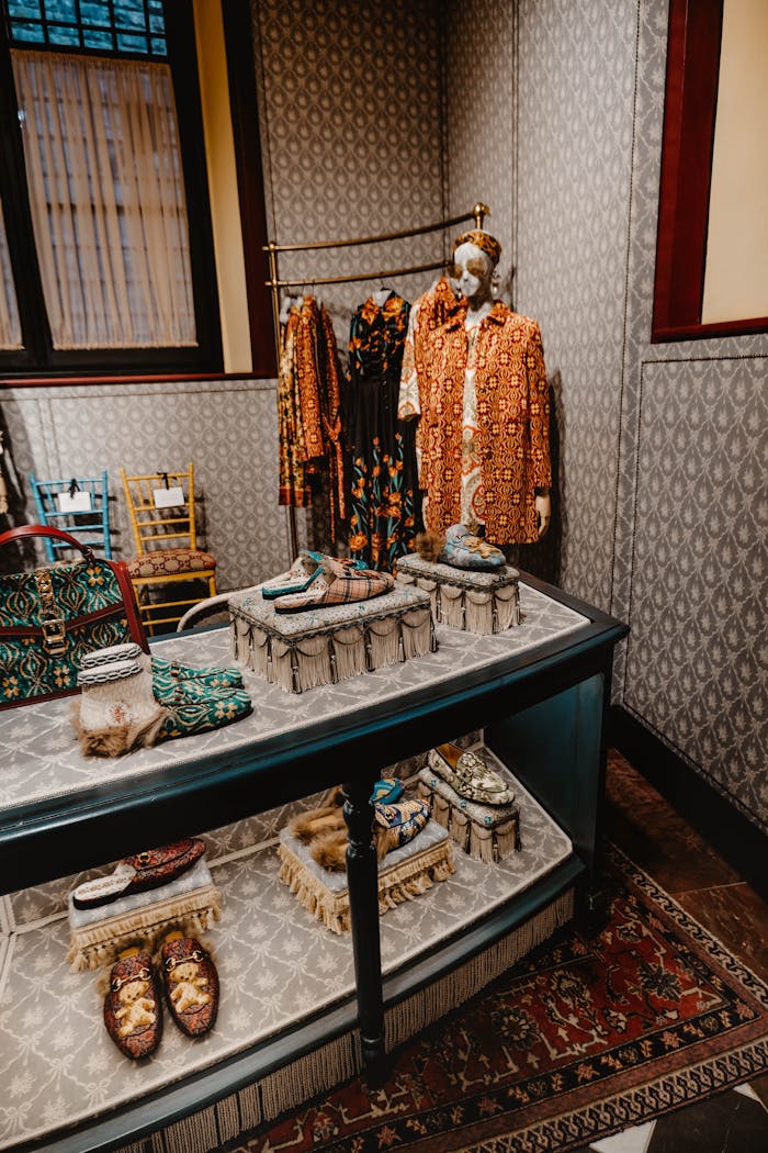 A beautifully styled fashion display featuring designer clothes and shoes in a luxurious boutique setting.