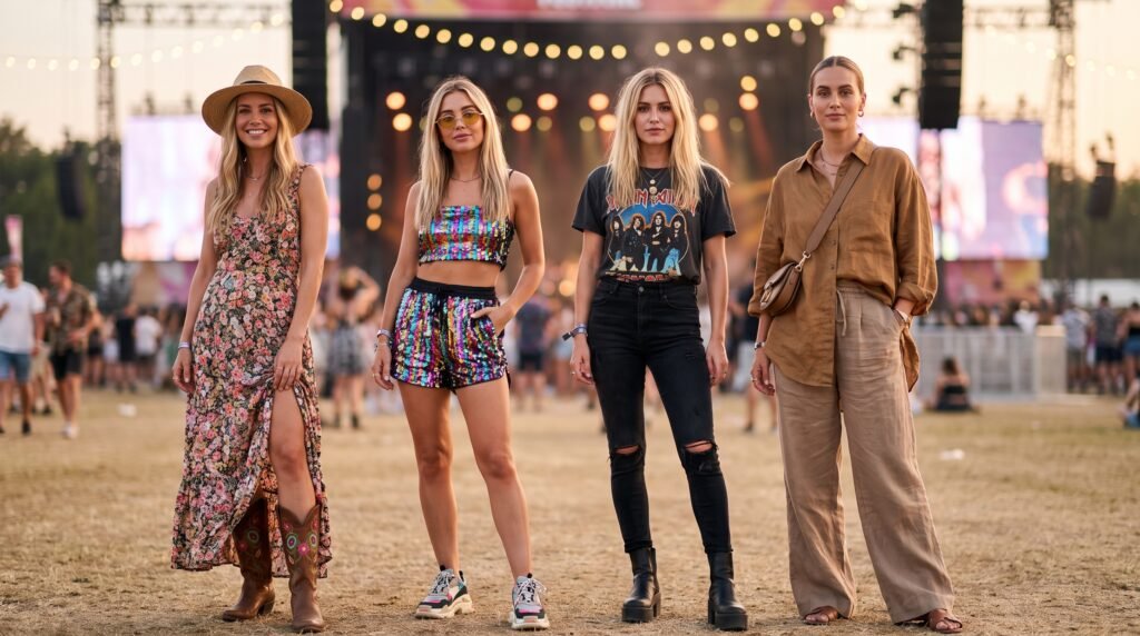 Concert Outfits Summer: 18 Stylish & Comfortable Outfit Ideas for Every Music Event (2026 Guide) four women concert outfits 2k 202607130936