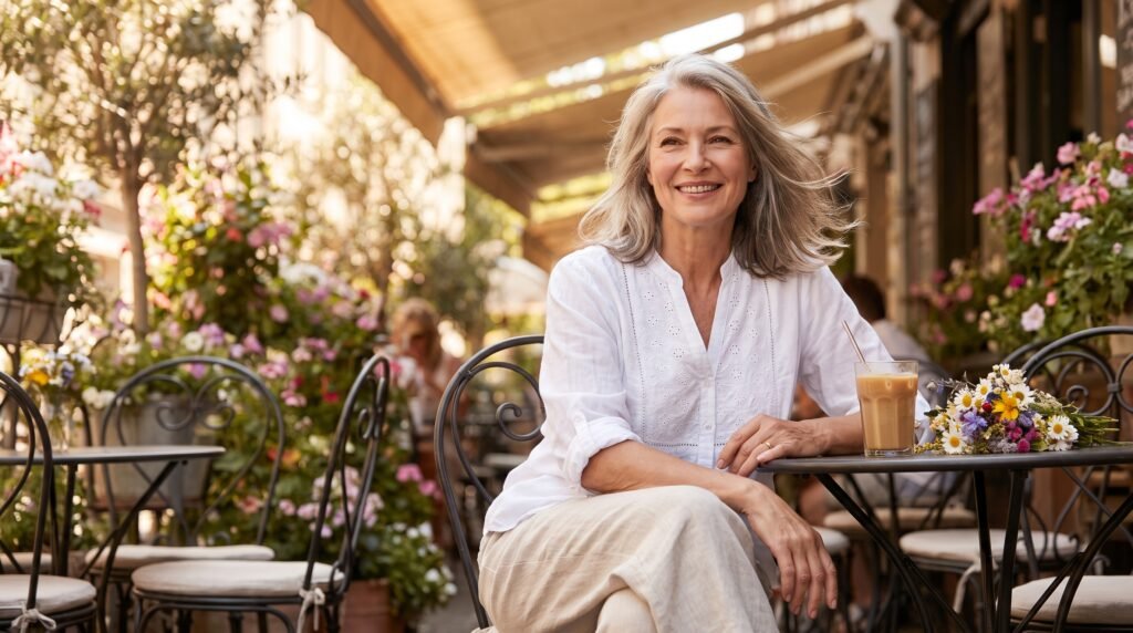 Summer Outfits for Older Women: 35 Chic & Comfortable Ideas (2026) mature woman relaxing outdoor cafe 202607211101