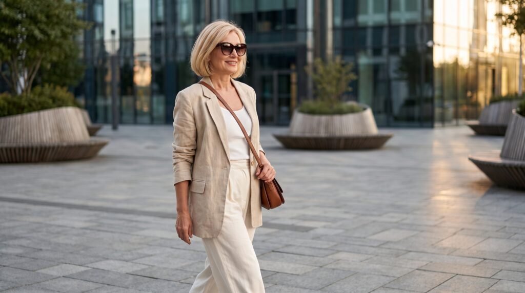 Summer Outfits for Older Women: 35 Chic & Comfortable Ideas (2026) mature woman walking city plaza 202607211103