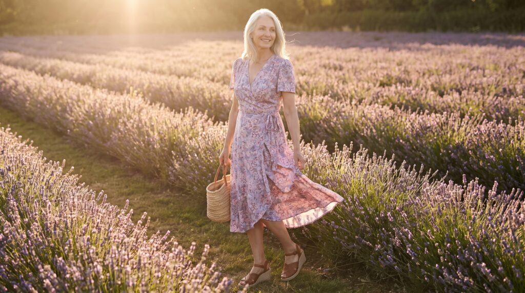 Summer Outfits for Older Women: 35 Chic & Comfortable Ideas (2026) older woman walking lavender field 202607211103