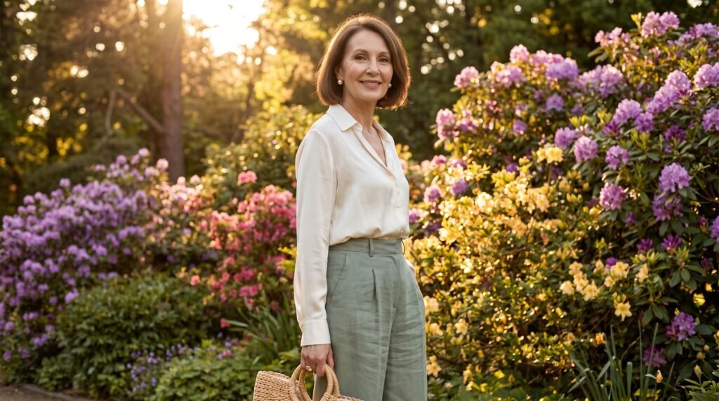 Summer Outfits for Older Women: 35 Chic & Comfortable Ideas (2026) older woman wearing ivory blouse… 202607211101