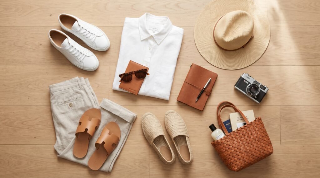 25 Best Outfits for Summer Travel You'll Love (2026) sneakers sandals espadrilles lin… 2k 202607141003