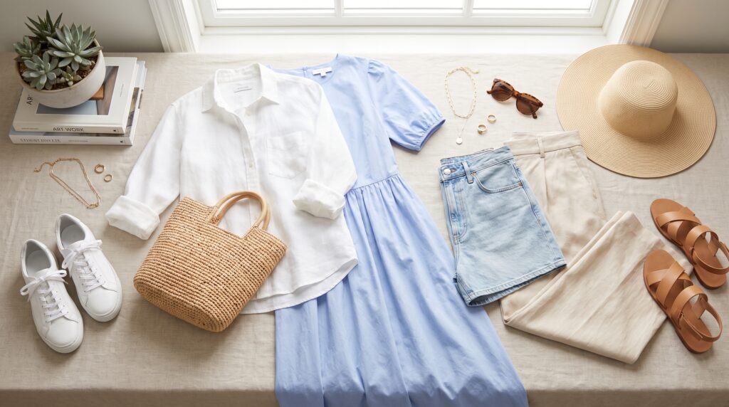 Summer Outfits for Ladies: 18 Chic and Comfortable Looks to Stay Stylish in 2026 summer wardrobe essentials flat lay 202607160948