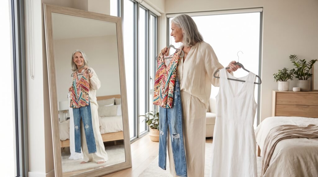 Summer Outfits for Older Women: 35 Chic & Comfortable Ideas (2026) woman choosing outfit in bedroom 202607211059