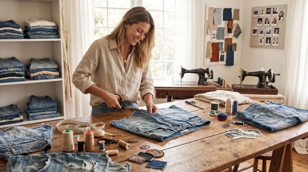 woman customizing denim shorts 2k 202607091057