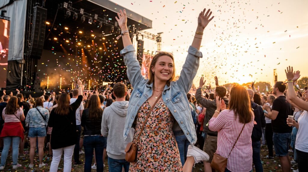 Concert Outfits Summer: 18 Stylish & Comfortable Outfit Ideas for Every Music Event (2026 Guide) woman enjoying concert confetti 2k 202607130936