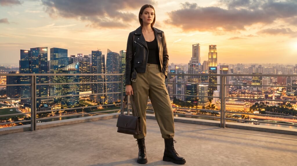 Cargo Pants Outfit Women: 18 Chic & Trendy Ways to Style Cargo Pants in 2026 woman in biker jacket rooftop 202607190919