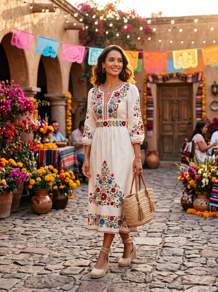 woman in embroidered dress standing 202607251006