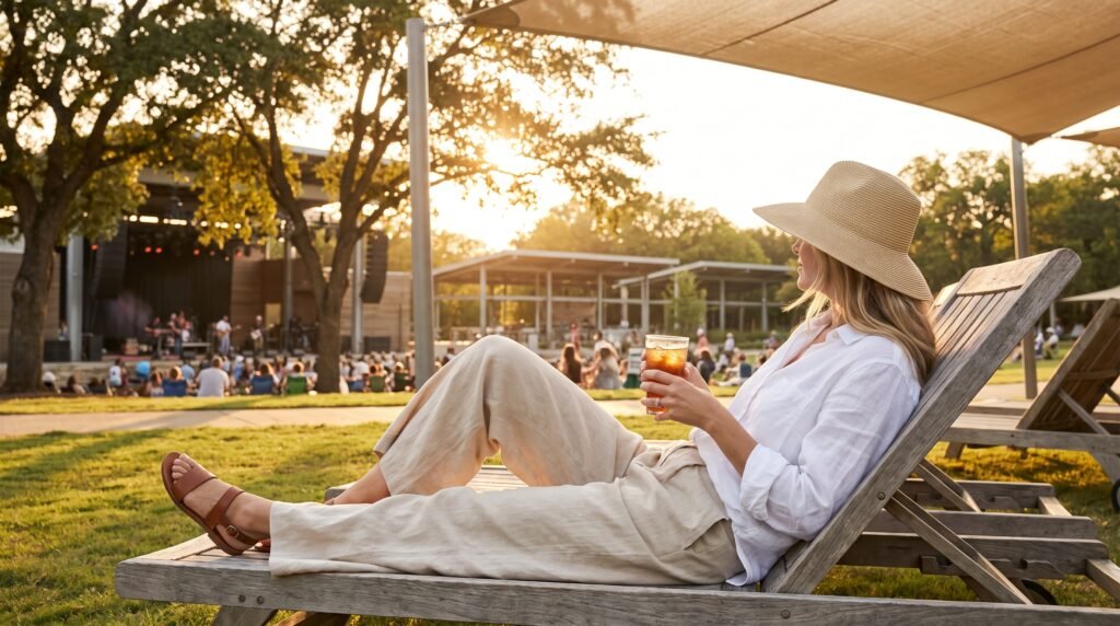 Concert Outfits Summer: 18 Stylish & Comfortable Outfit Ideas for Every Music Event (2026 Guide) woman relaxing near concert venue 202607130936