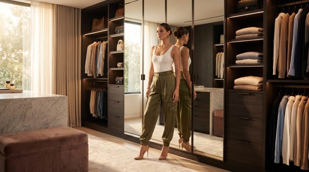 Cargo Pants Outfit Women: 18 Chic & Trendy Ways to Style Cargo Pants in 2026 woman standing in wardrobe room 202607190916