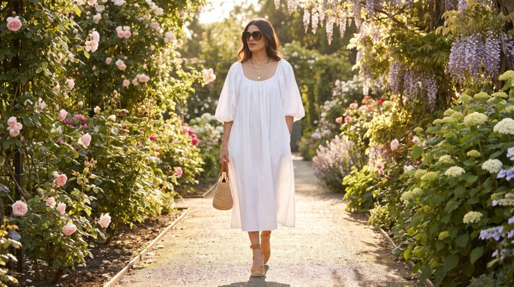 Summer Outfits for Ladies: 18 Chic & Comfortable Outfit Ideas to Stay Stylish in 2026 woman strolling blooming garden 2k 202607200930