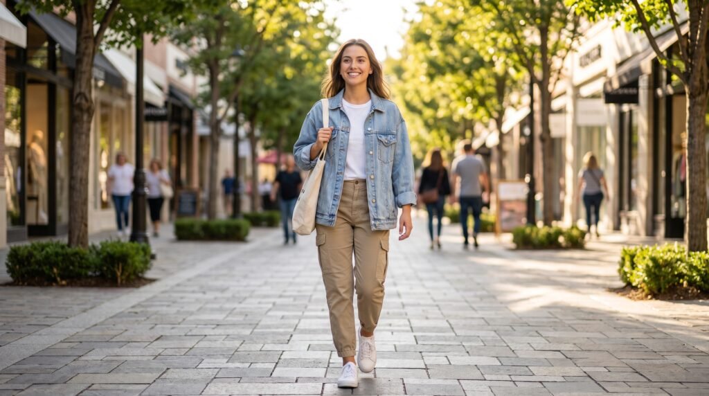 Cargo Pants Outfits: 18 Stylish Ways to Wear This Timeless Trend in 2026 woman strolling shopping district 2k 202607150916