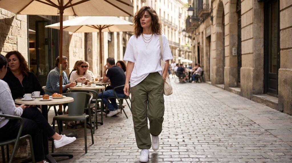 Cargo Pants Outfits: 18 Stylish Ways to Wear This Timeless Trend in 2026 woman walking european street café 202607150914