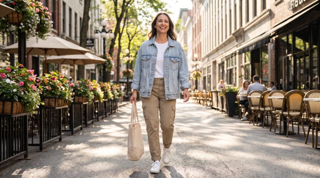 Cargo Pants Outfit Women: 18 Chic & Trendy Ways to Style Cargo Pants in 2026 woman walking downtown shopping … 202607190918