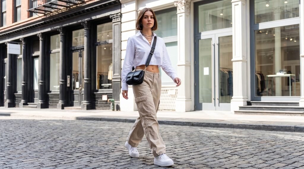 Cargo Pants and Shirts Outfits: 18 Stylish Ways to Create Effortlessly Chic Looks woman walking in soho 2k 202607180951