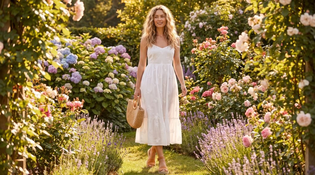 Summer Outfits for Ladies: 18 Chic and Comfortable Looks to Stay Stylish in 2026 woman walking in flower garden 202607160951