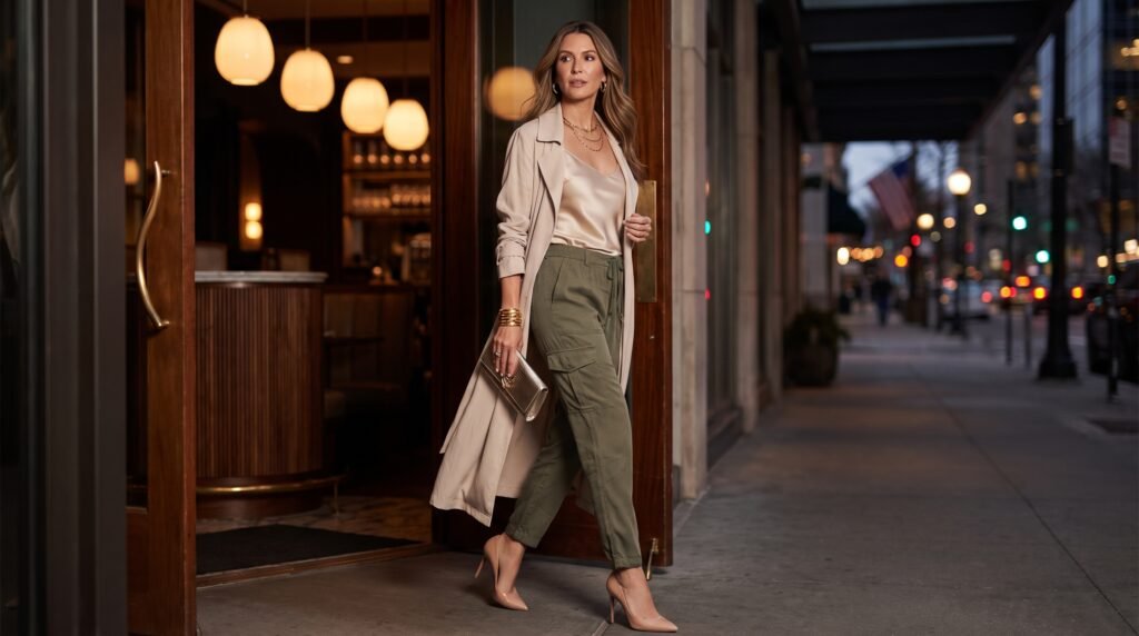 Cargo Pants Outfits: 18 Stylish Ways to Wear This Timeless Trend in 2026 woman walking into restaurant 2k 202607150918