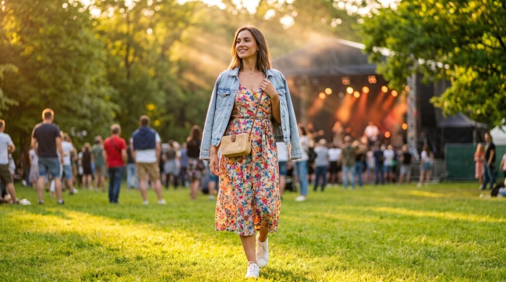 Concert Outfits Summer: 18 Stylish & Comfortable Outfit Ideas for Every Music Event (2026 Guide) woman walking outdoor summer con… 202607130934