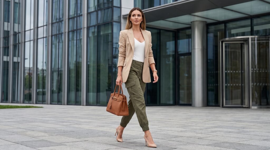 Cargo Pants Outfits: 18 Stylish Ways to Wear This Timeless Trend in 2026 woman walking outside office bui… 202607150916