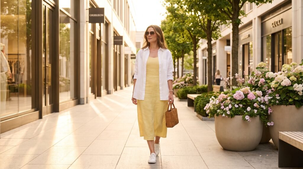 Summer Outfits for Ladies: 18 Chic and Comfortable Looks to Stay Stylish in 2026 woman walking shopping district 2k 202607161004