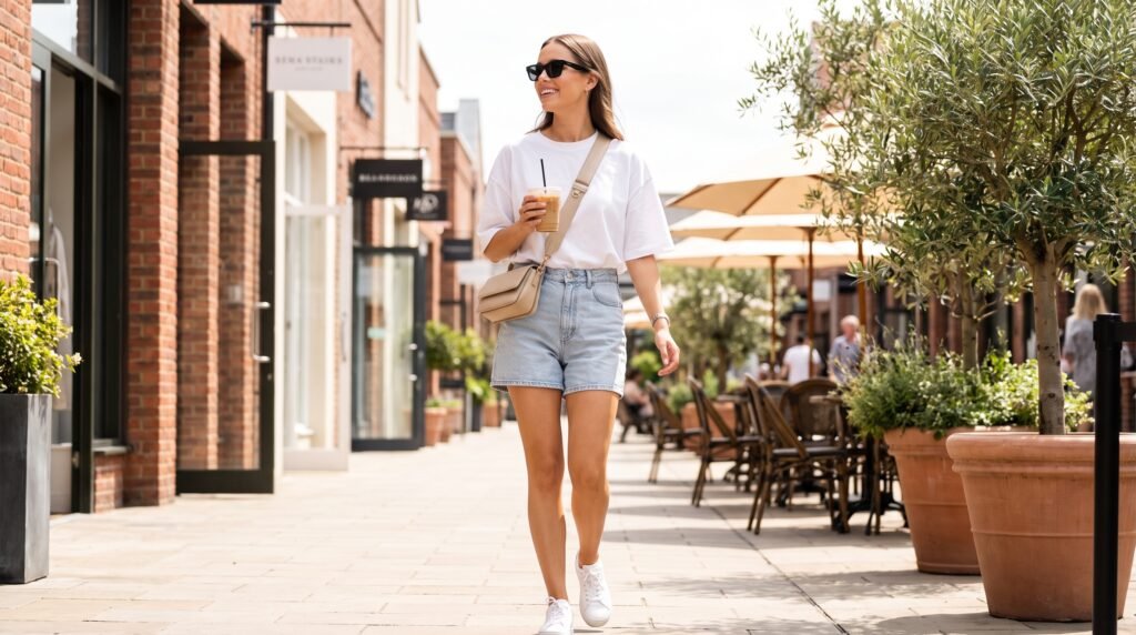 Summer Outfits for Ladies: 18 Chic & Comfortable Outfit Ideas to Stay Stylish in 2026 woman walking shopping district 2k 202607200930