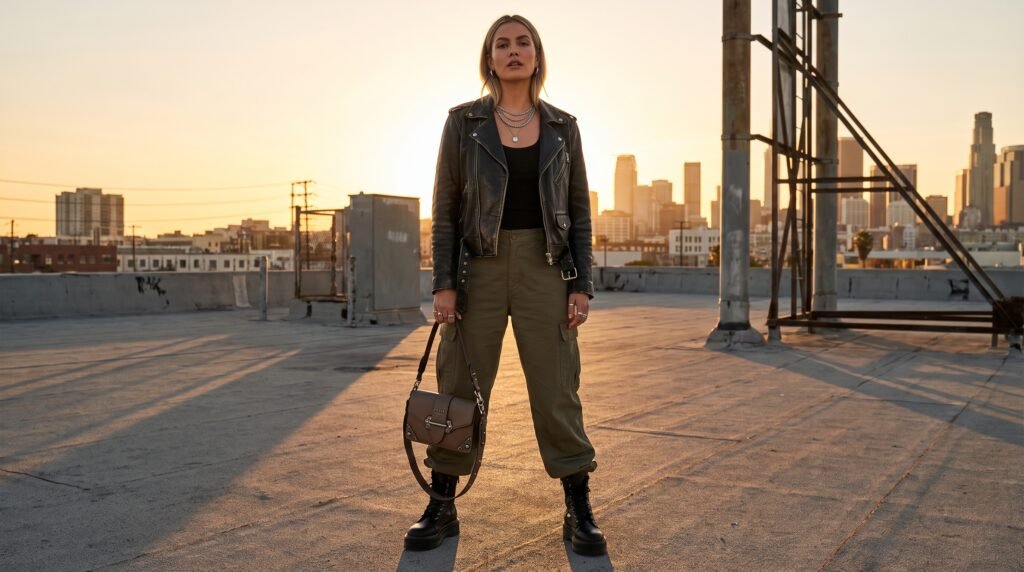 Cargo Pants Outfits: 18 Stylish Ways to Wear This Timeless Trend in 2026 woman wearing biker jacket cargo… 202607150917
