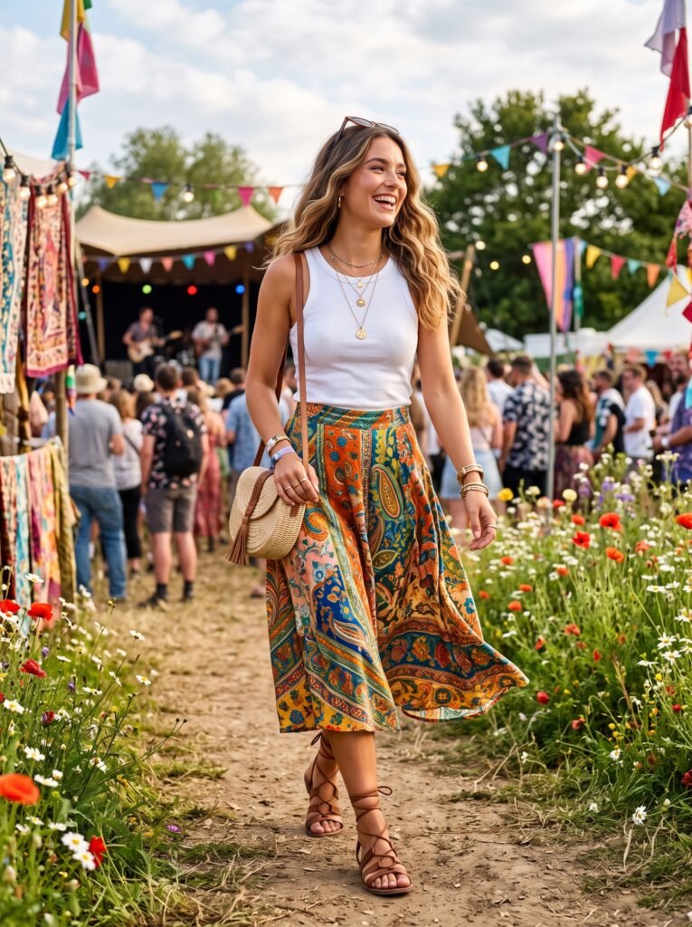 woman wearing boho skirt festival 202607251005