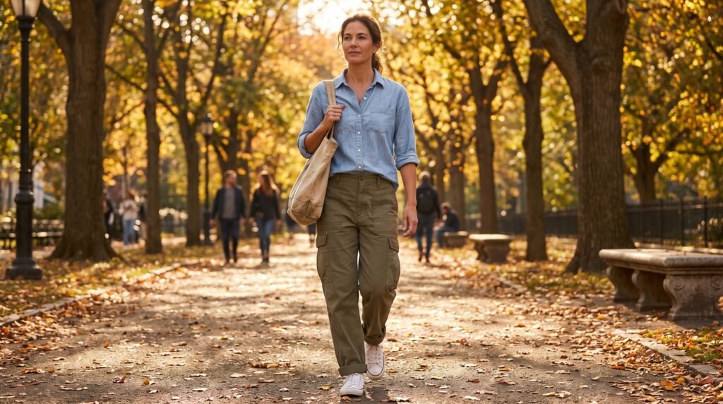 Cargo Pants and Shirts Outfits: 18 Stylish Ways to Create Effortlessly Chic Looks woman wearing chambray shirt car… 202607180951