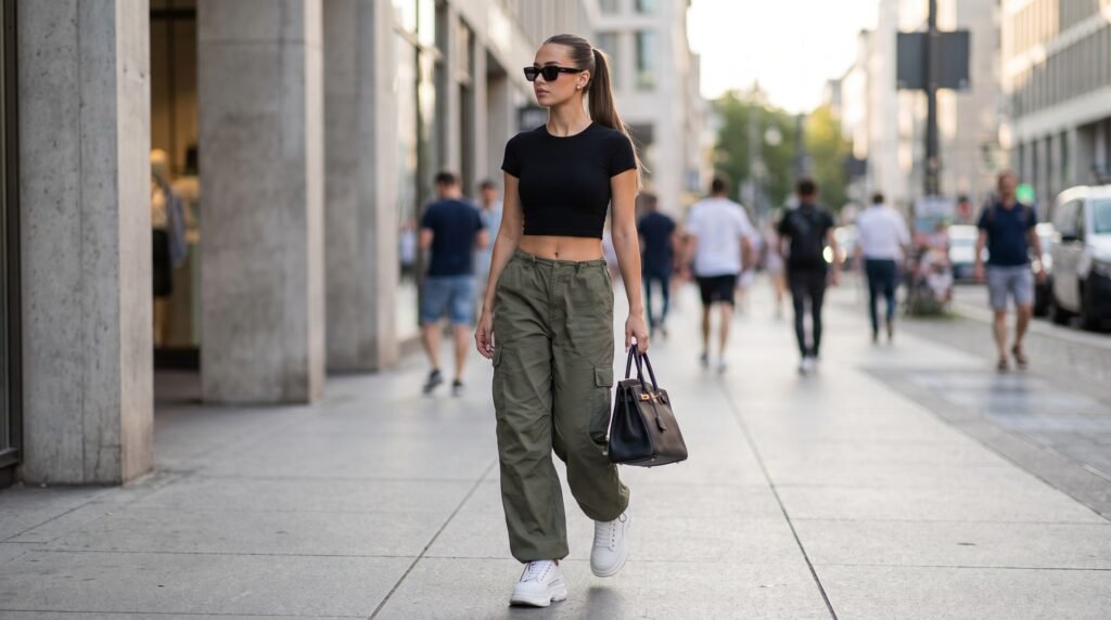 Cargo Pants Outfits: 18 Stylish Ways to Wear This Timeless Trend in 2026 woman wearing crop top cargo 202607150915