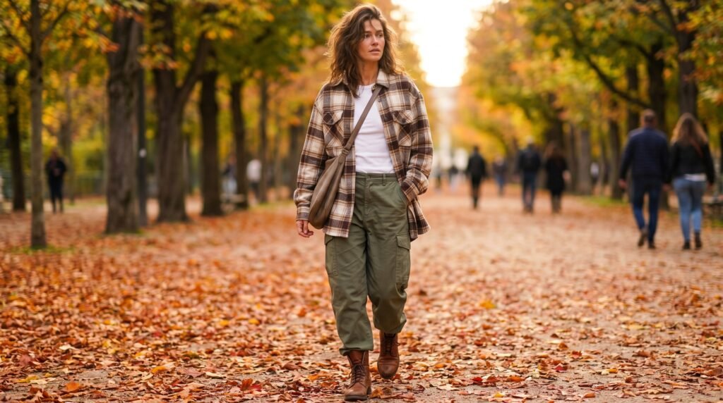 Cargo Pants and Shirts Outfits: 18 Stylish Ways to Create Effortlessly Chic Looks woman wearing flannel cargo pants 202607180951