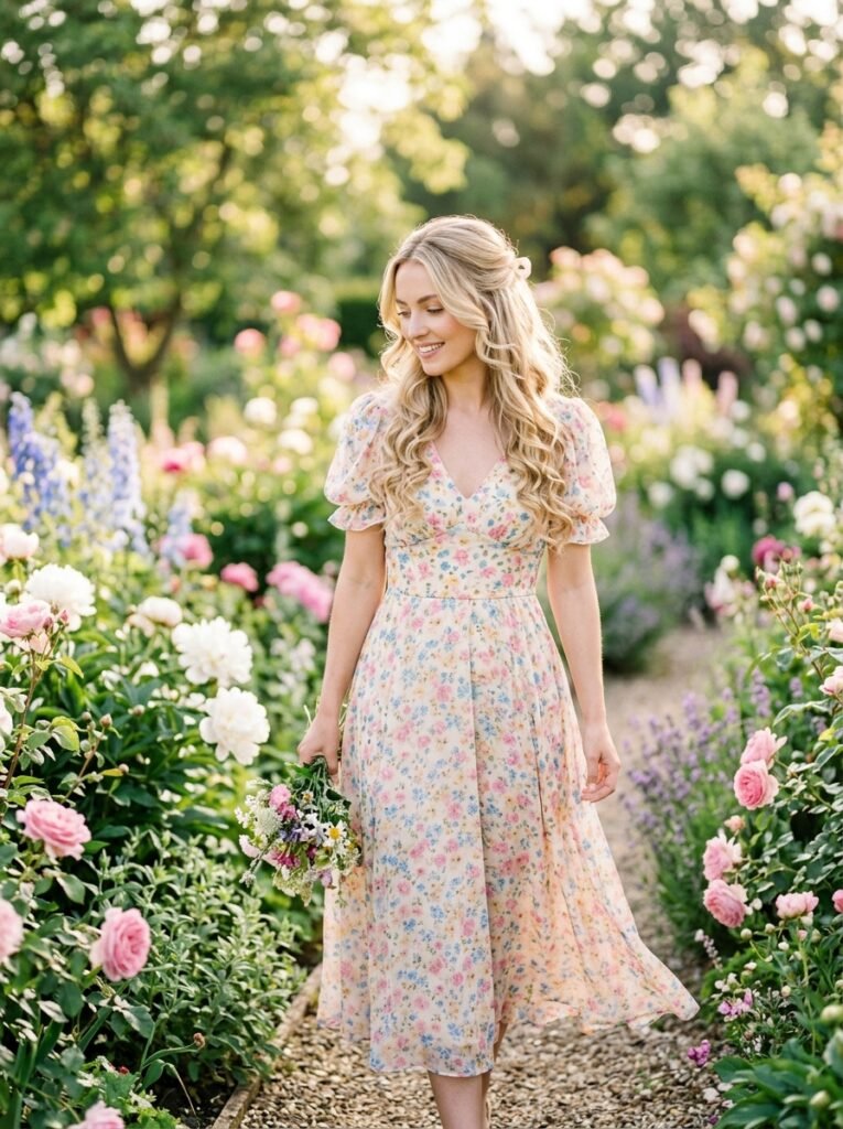 woman wearing floral dress garden 202607231211