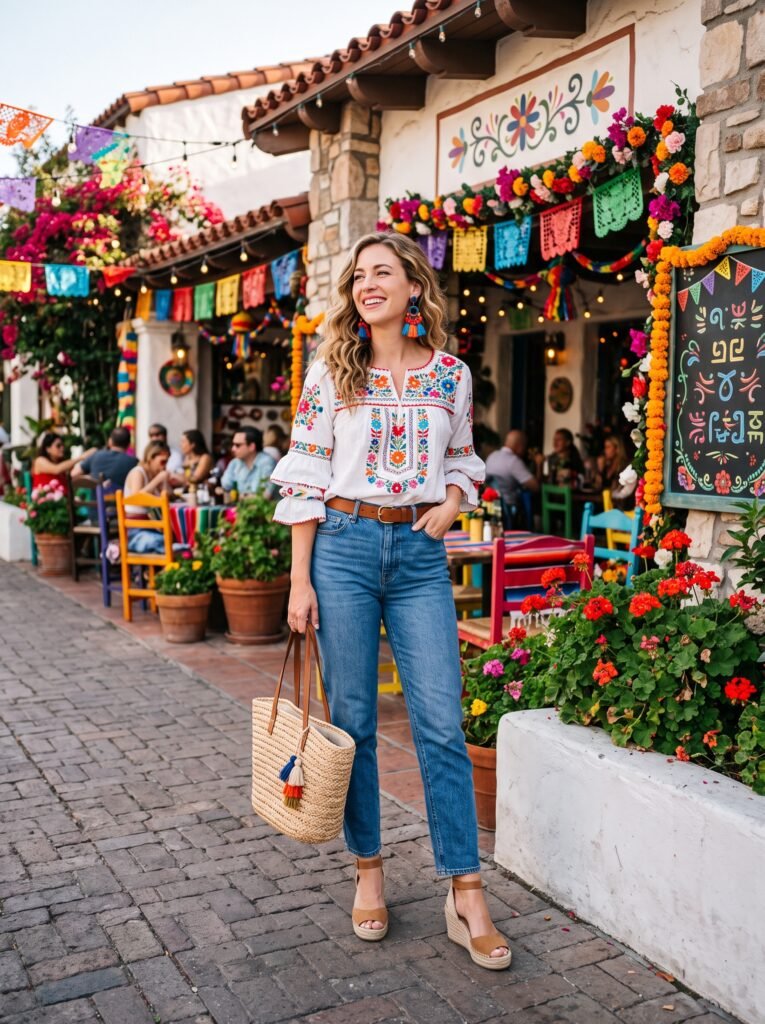woman wearing peasant blouse jeans 202607251004