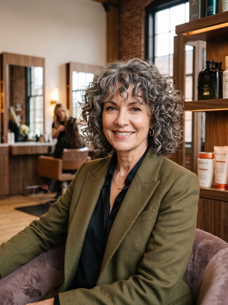 woman with curly bob blazer 202607290942