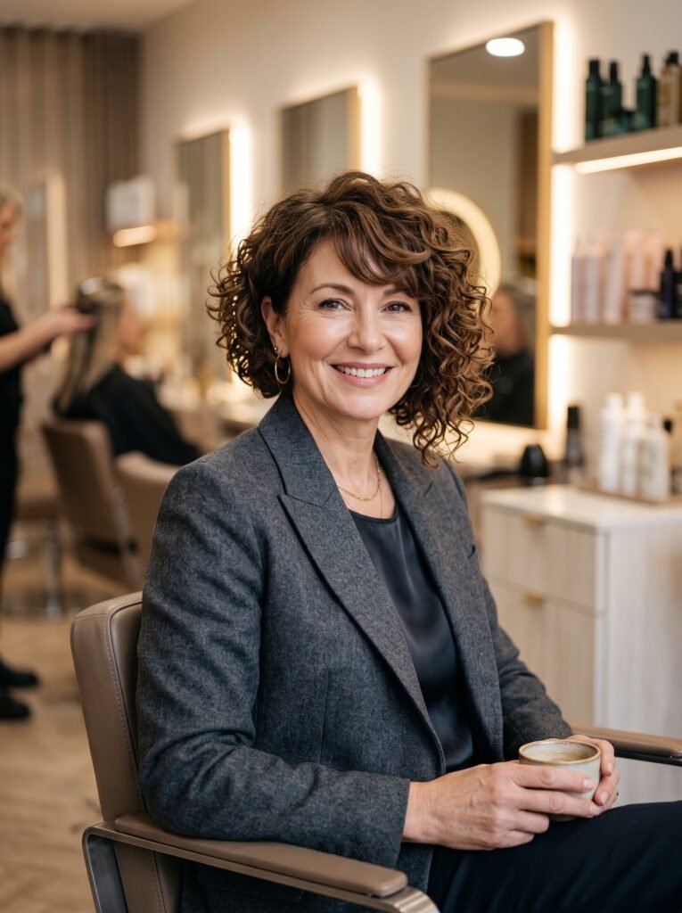 woman with curly bob blazer 202607290948