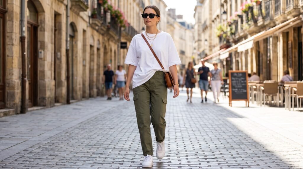 Cargo Pants Outfit Women: 18 Chic & Trendy Ways to Style Cargo Pants in 2026 young woman walking european street 202607190917