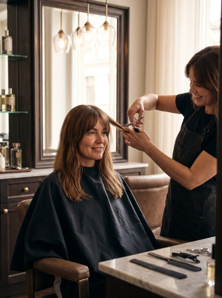 hairstylist trimming woman hair 2k 202608090933