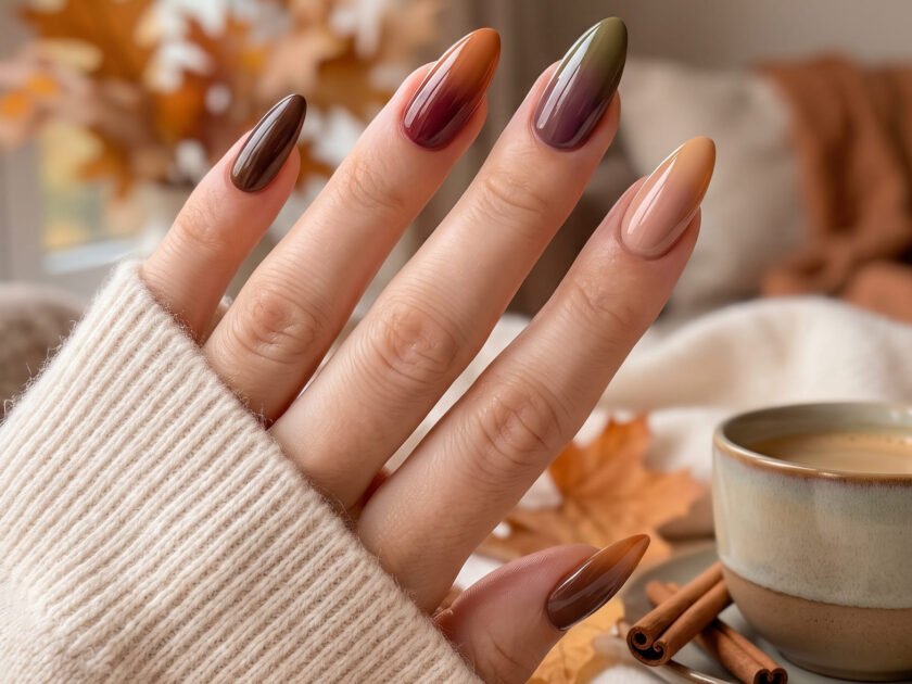 15 fall ombre nail ideas 2026 featuring beautiful autumn gradient nails in warm brown, burgundy, and nude shades