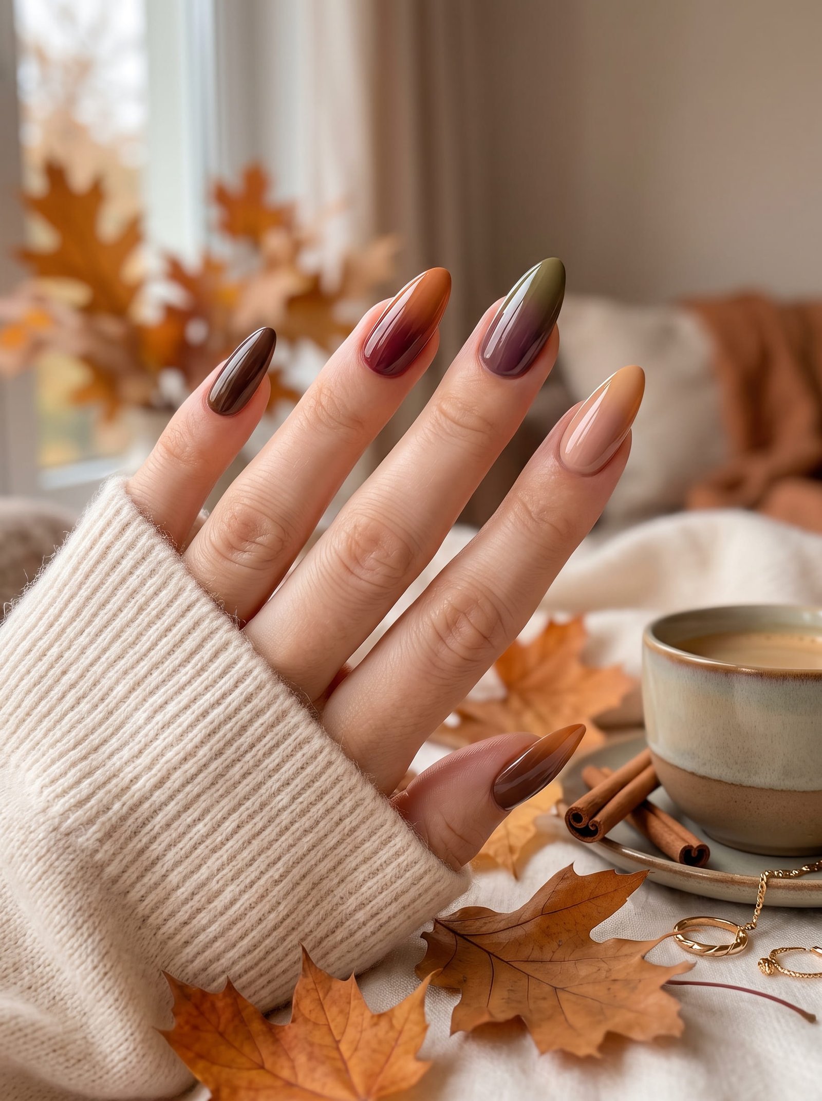 15 fall ombre nail ideas 2026 featuring beautiful autumn gradient nails in warm brown, burgundy, and nude shades