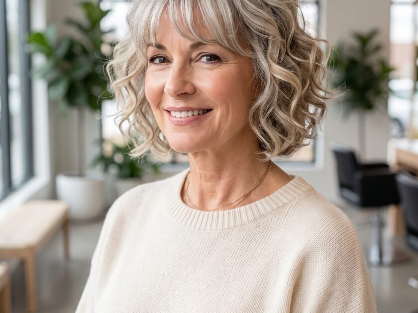 Mature Curly Bob with Bangs