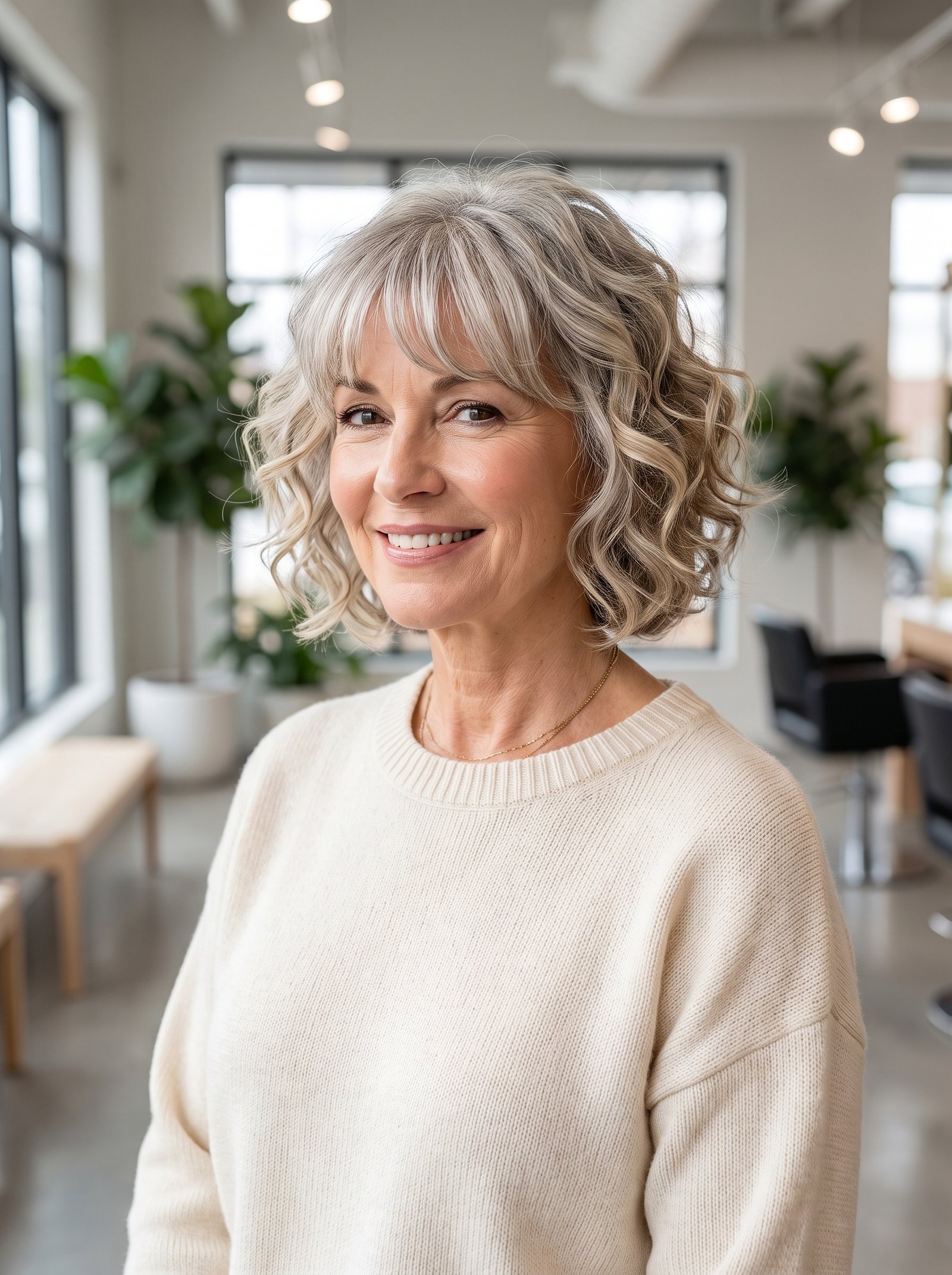 Mature Curly Bob with Bangs