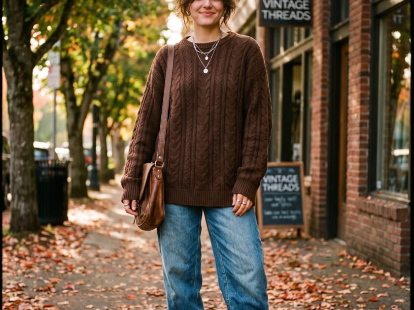 Woman wearing a stylish fall indie aesthetic outfit with an oversized brown sweater and baggy jeans