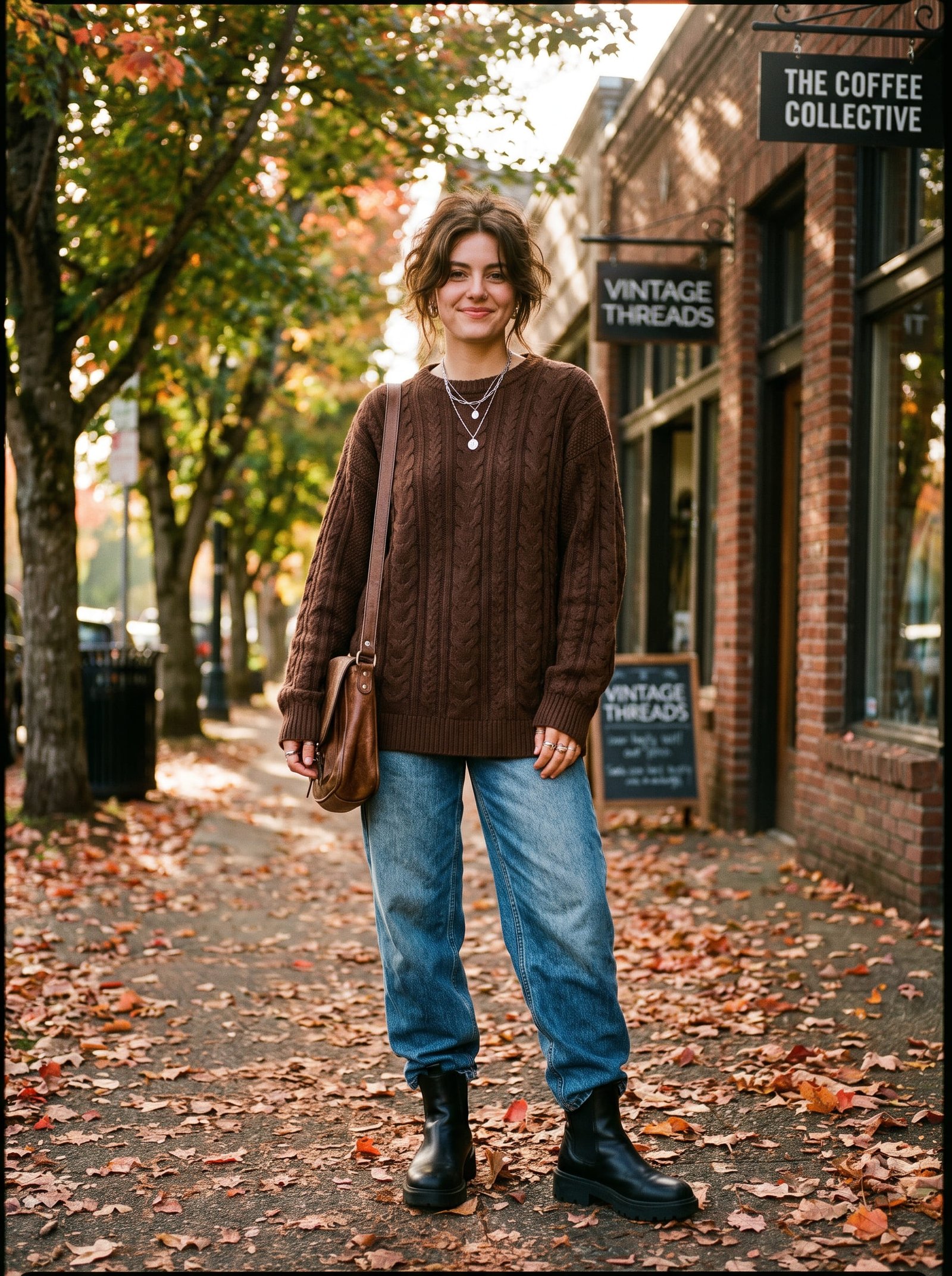 Woman wearing a stylish fall indie aesthetic outfit with an oversized brown sweater and baggy jeans