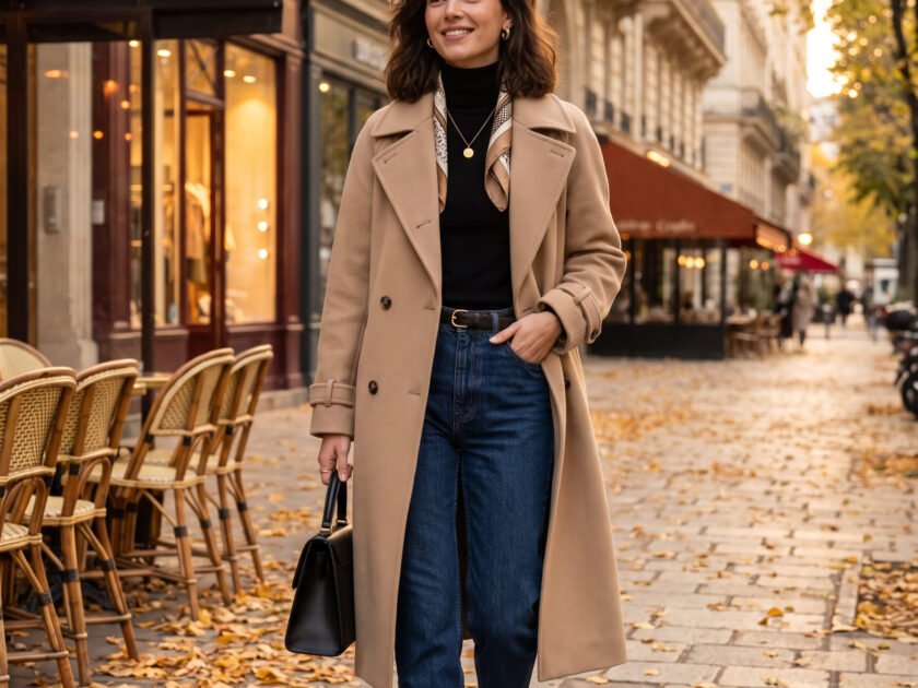 Woman wearing an elegant fall Parisian style outfit with a beige trench coat and ballet flats