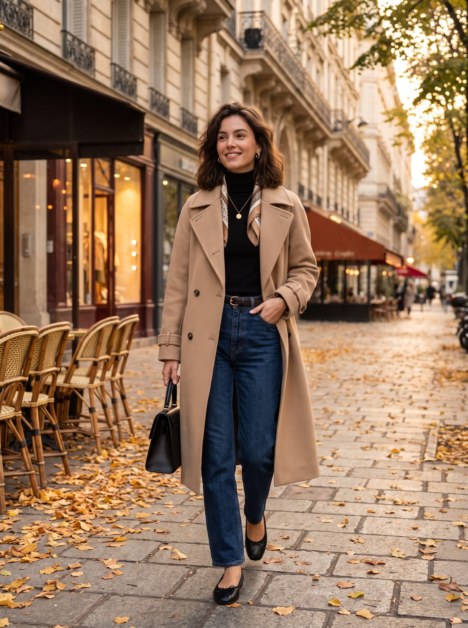 Woman wearing an elegant fall Parisian style outfit with a beige trench coat and ballet flats