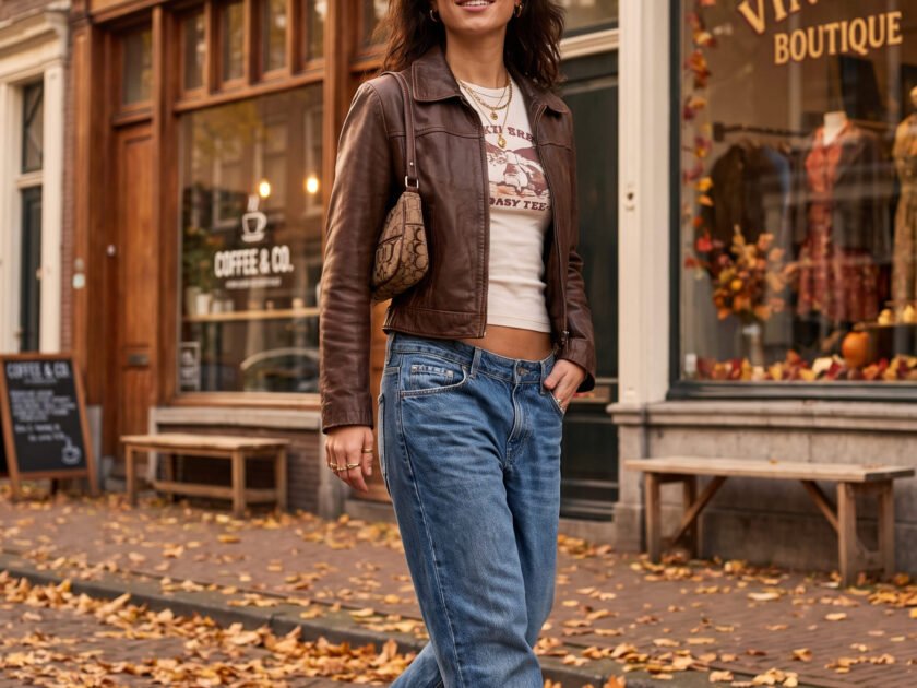 Woman wearing a stylish fall Y2K outfit with a cropped jacket, graphic top, relaxed jeans and platform sneakers