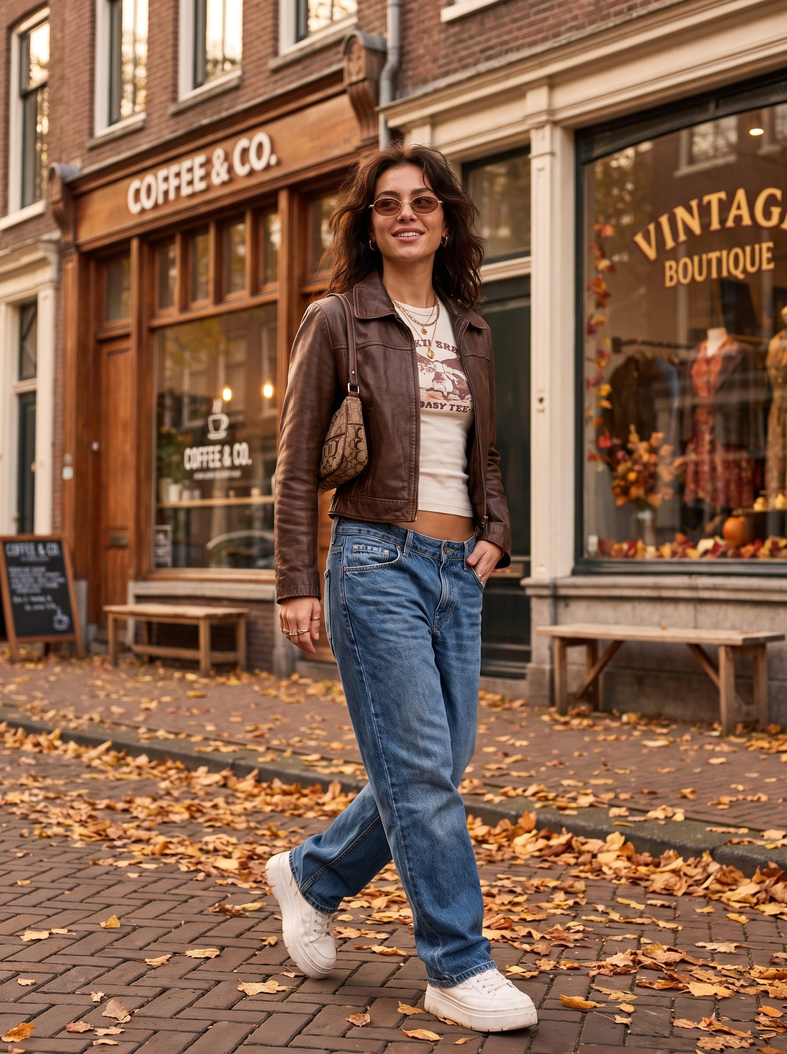 Woman wearing a stylish fall Y2K outfit with a cropped jacket, graphic top, relaxed jeans and platform sneakers