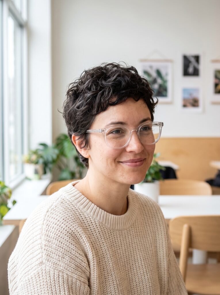 woman with curly pixie haircut 202608060828